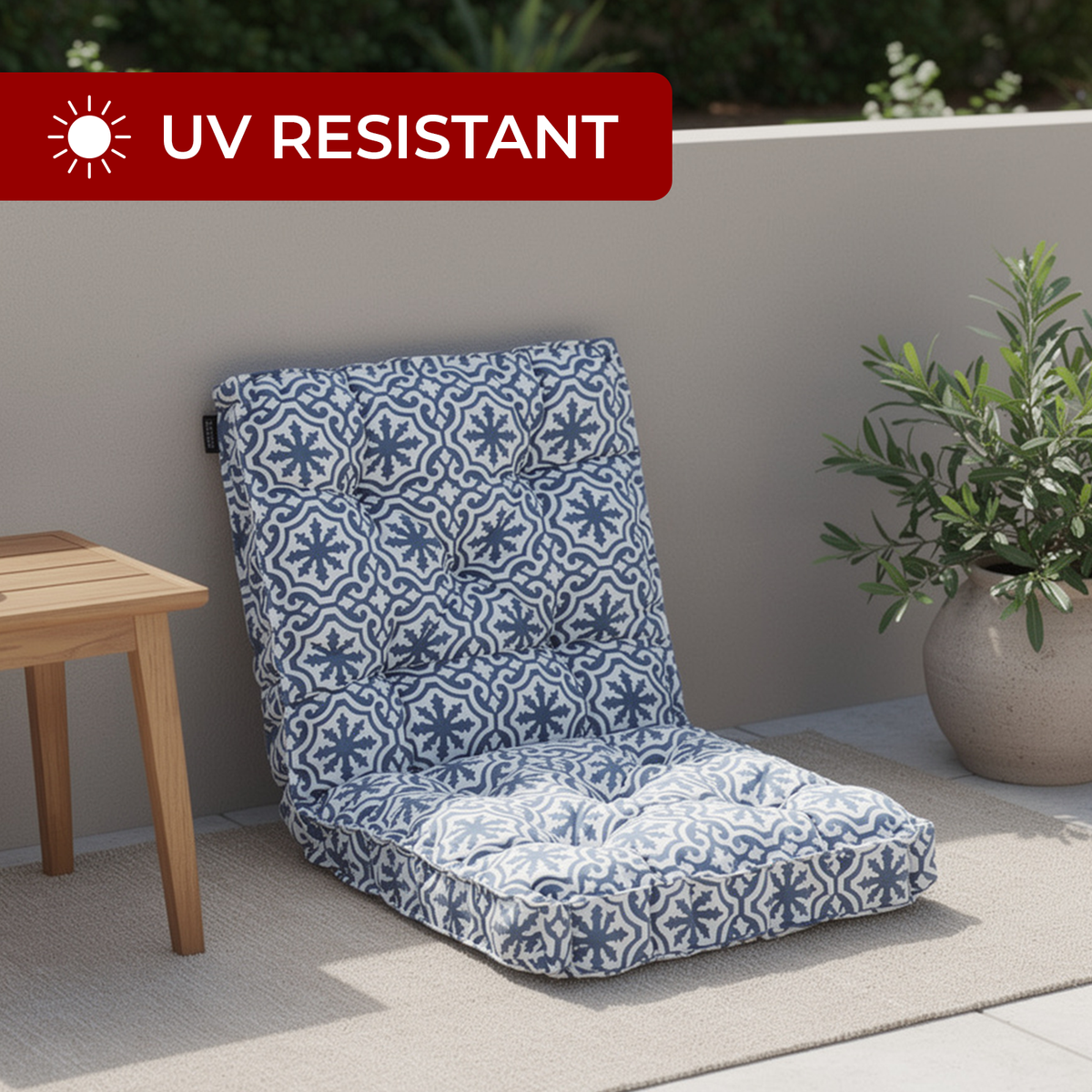 Mojo MJOC0218 Blue and White Marrakesh Outdoor Cushion – Moroccan geometric print cushion for outdoor alfresco furniture styling