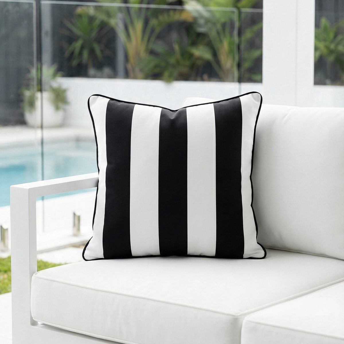Mojo MJOC0367 45cm Cabana Stripe Black Cushion Cover with Pipe – piped black stripe outdoor cushion cover