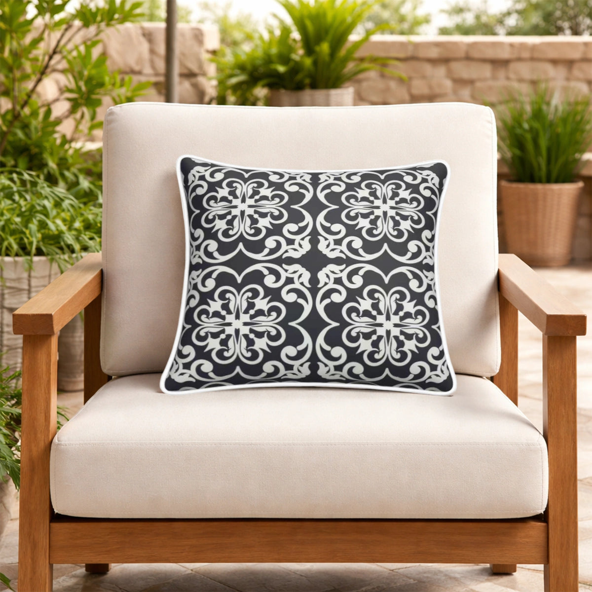 Mojo MJOC0354 45cm Moroccan Navy Cushion Cover with Pipe – piped edge Moroccan navy print outdoor cushion cover