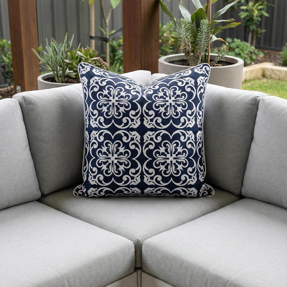 Mojo MJOC0355 60cm Moroccan Navy Cushion Cover with Pipe – large piped Moroccan navy print outdoor cushion cover