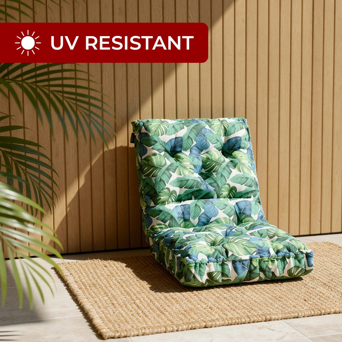 Mojo MJOC0219 Leaf Multi Outdoor Floor Cushion – multicolour tropical leaf waterproof floor cushion for outdoor seating areas