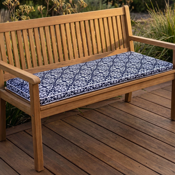 Mojo MJOC0398 Moroccan Navy Outdoor Bench Cushion – patterned navy waterproof cushion for outdoor benches and garden seats