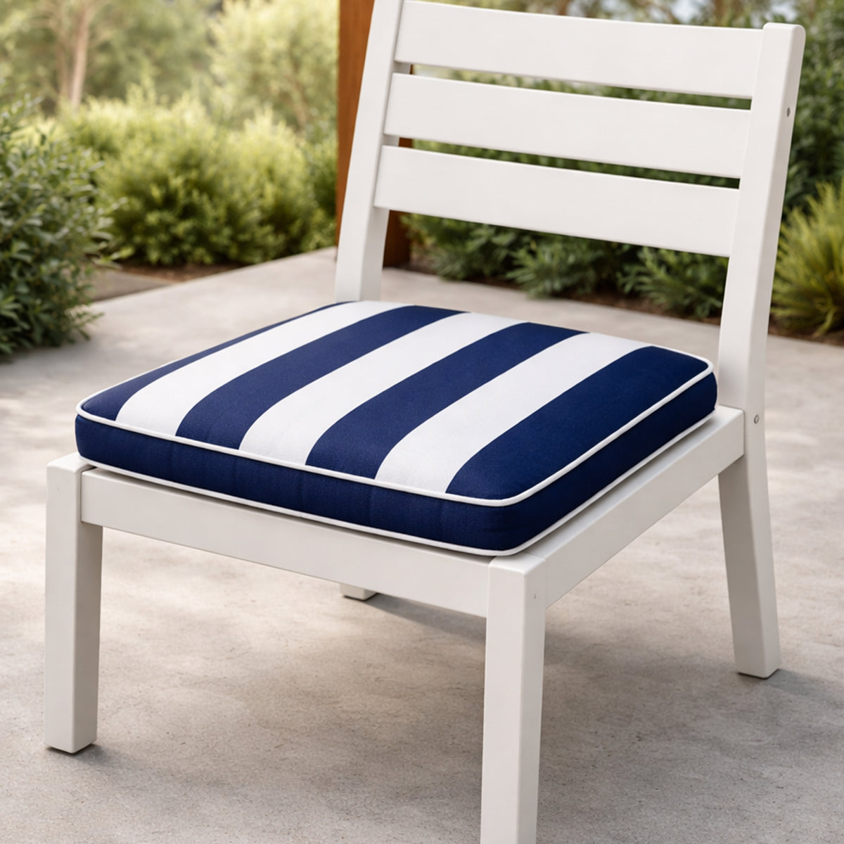 Mojo MJOC0404 Cabana Stripe Navy Outdoor Square Chair Cushion – weather-resistant navy striped seat pad for outdoor garden chairs