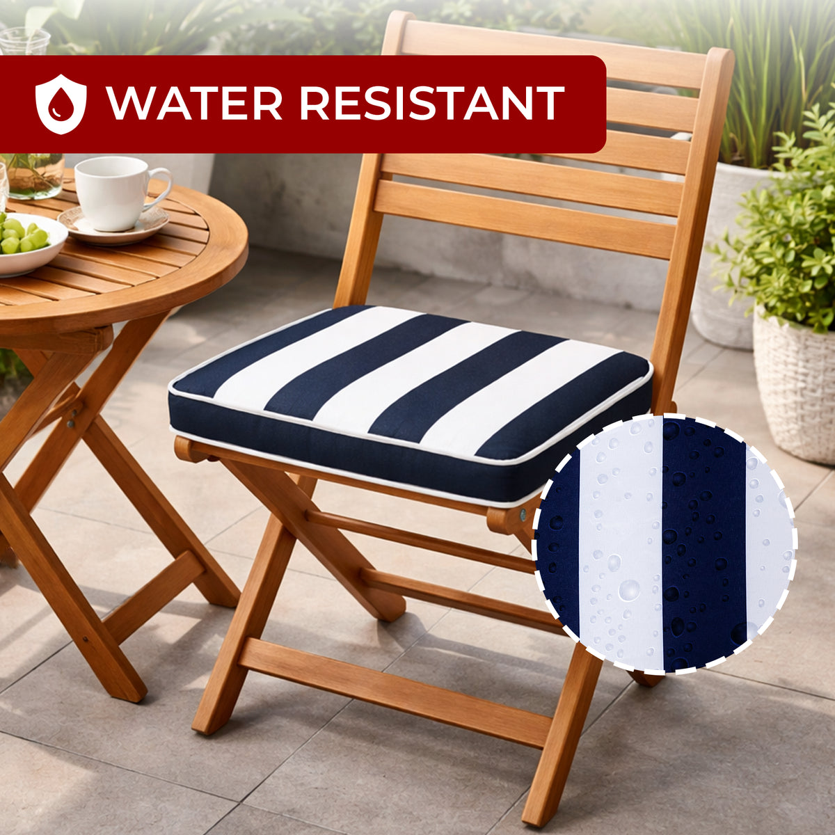 Mojo MJOC0404 Cabana Stripe Navy Outdoor Square Chair Cushion – weather-resistant navy striped seat pad for outdoor garden chairs