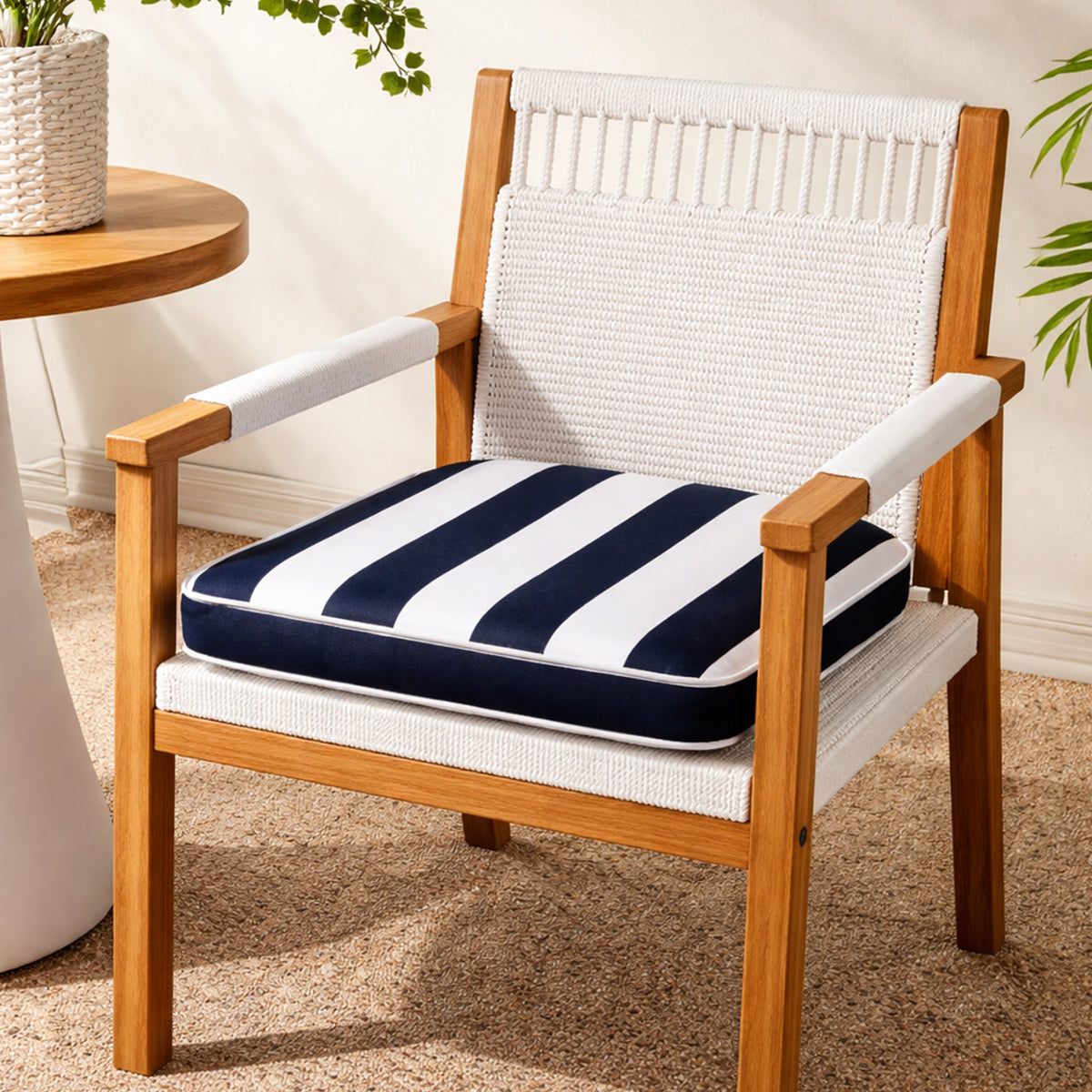 Mojo MJOC0404 Cabana Stripe Navy Outdoor Square Chair Cushion – weather-resistant navy striped seat pad for outdoor garden chairs
