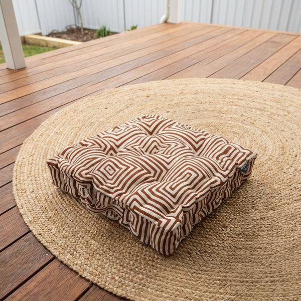 Mojo MJOC0411 45cm Warlu Terracotta Outdoor Floor Cushion – earthy terracotta patterned waterproof floor cushion for outdoor use