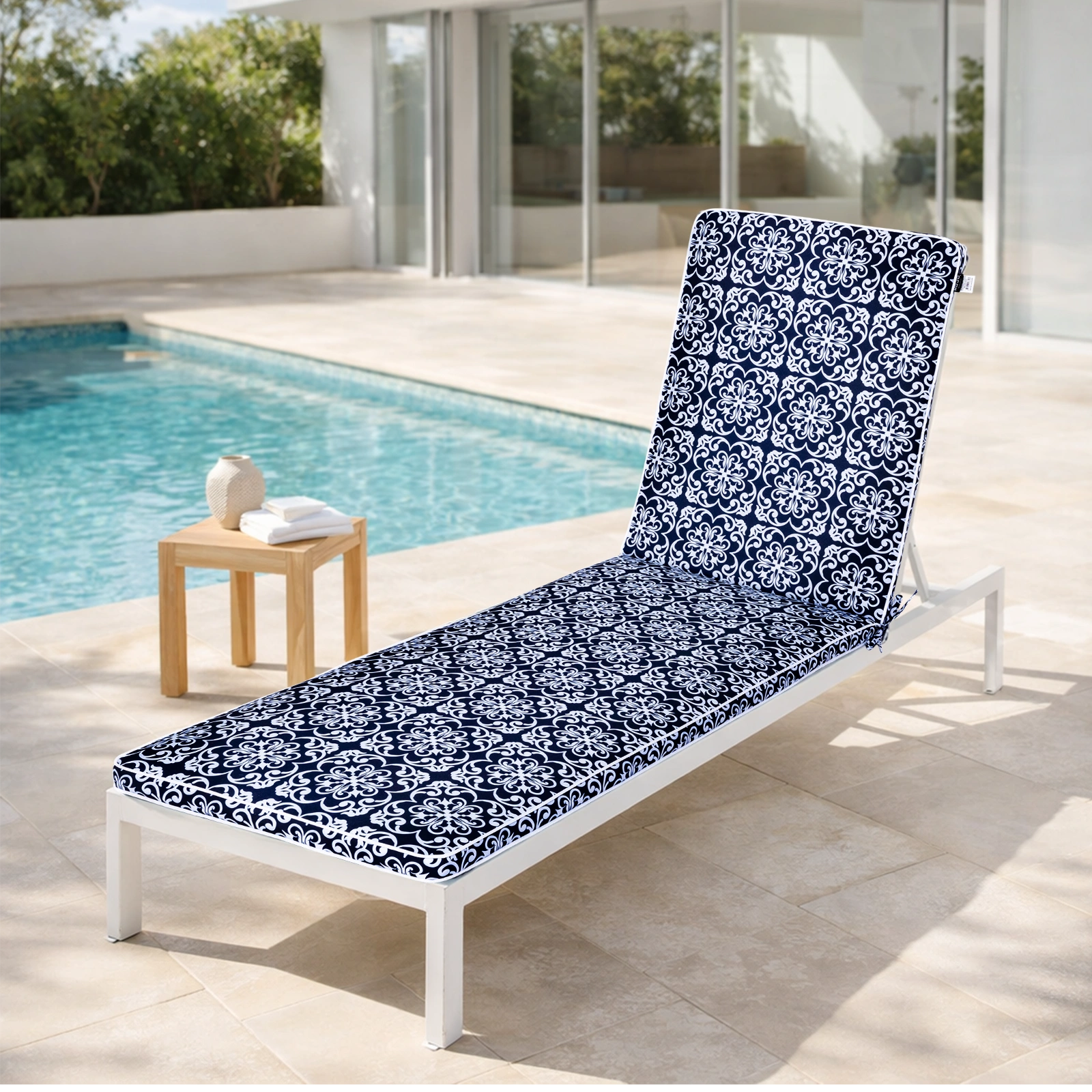Mojo 53cm Navy & White Moroccan Outdoor Sunlounge Cushion