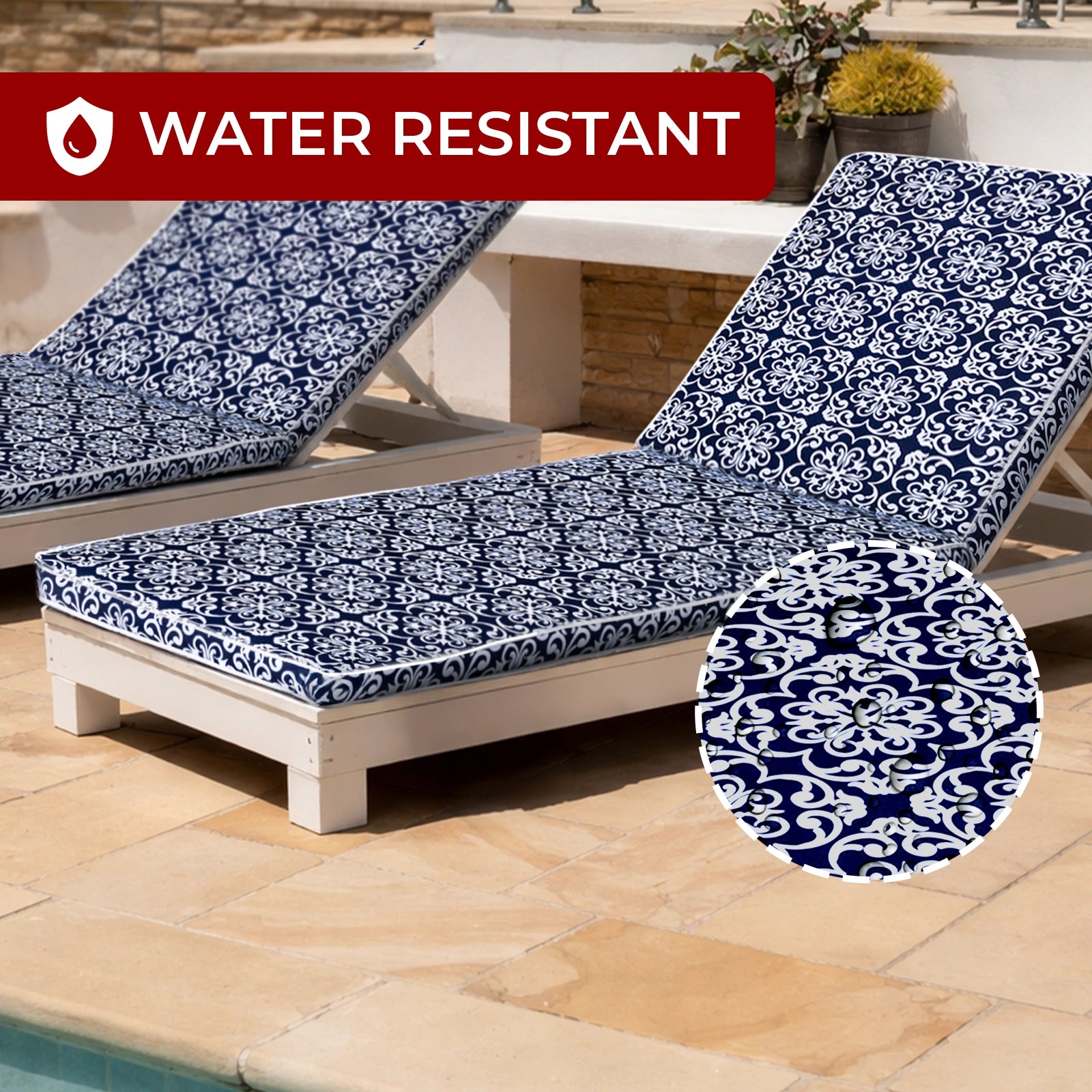 Mojo 53cm Navy & White Moroccan Outdoor Sunlounge Cushion